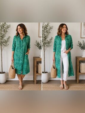 Italian Linen Button Front Shirt Dress Green Snakeskin Print Size S